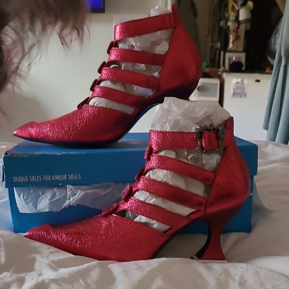 John Fluevog Metallic Red Strappy Heels